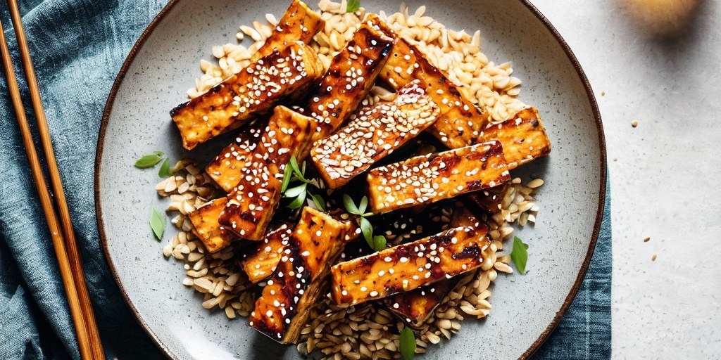 Pan-fried tempeh with soy-ginger glaze